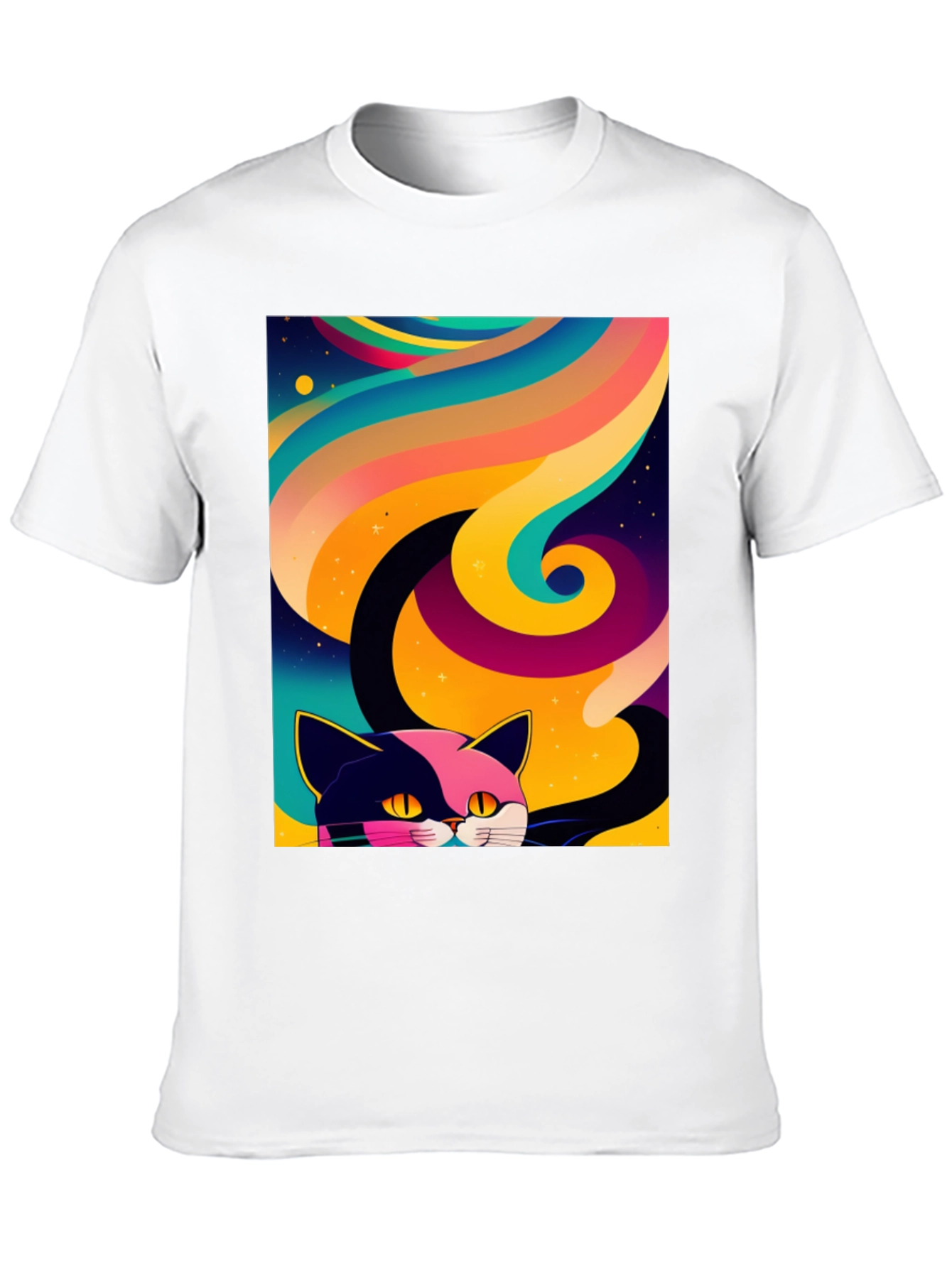 Psychedelic Cat Graphic Tee - Black Cotton Comfort