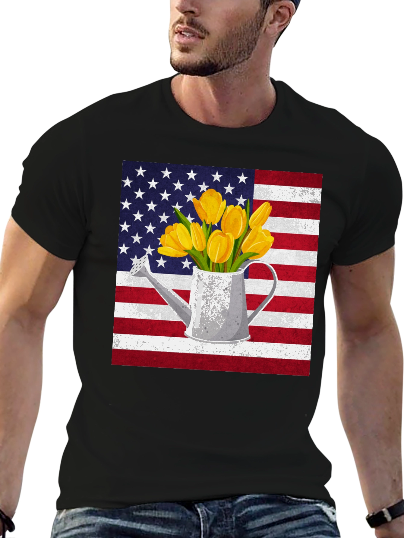 American Flag Tulips Watering Can Graphic Tee