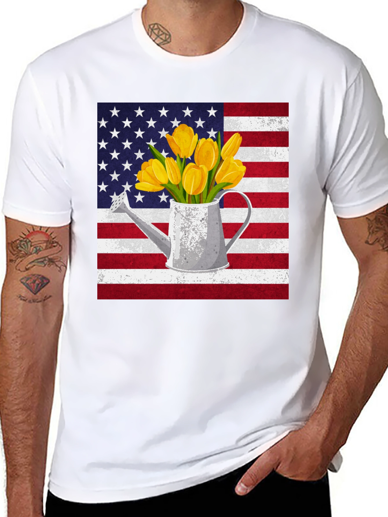 American Flag Tulips Watering Can Graphic Tee