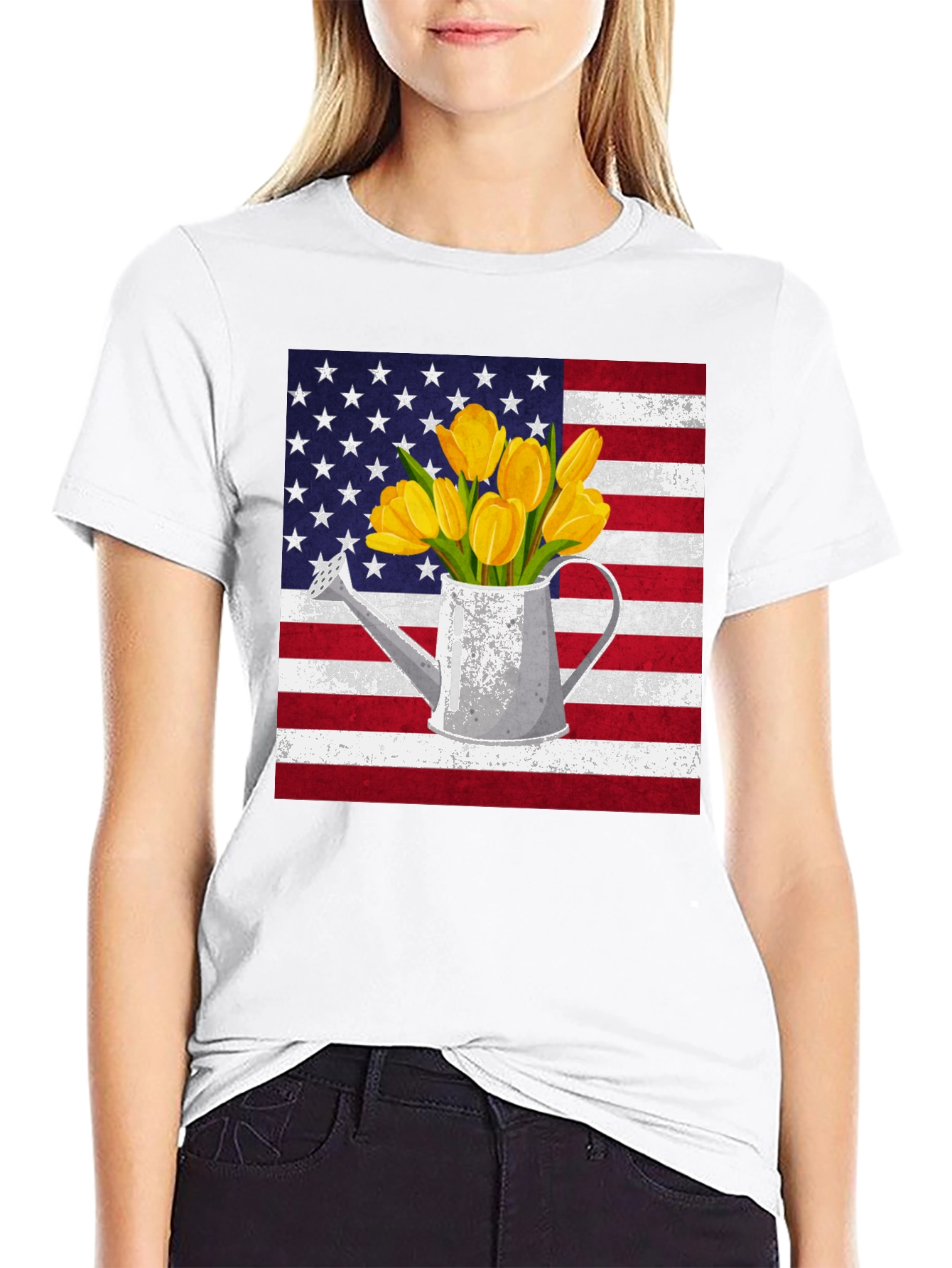 American Flag Tulips Watering Can Graphic Tee