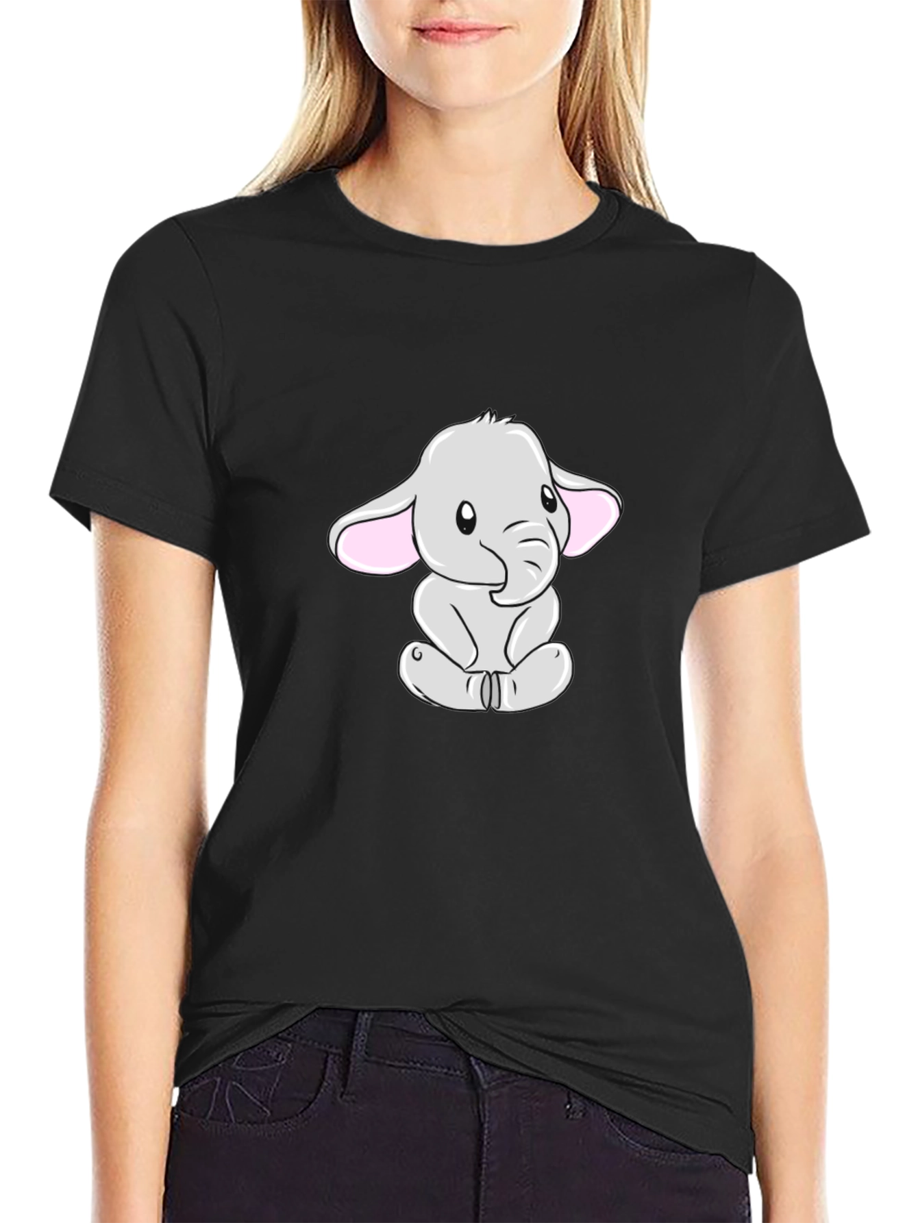Cute Elephant Graphic Tee - Black Cotton Blend