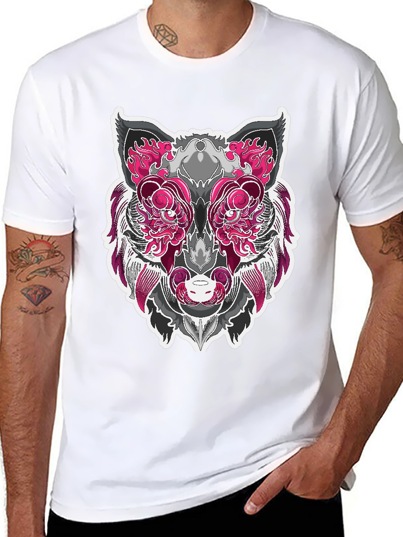 Graphic Wolf Tee - Pink & Gray Animal Print