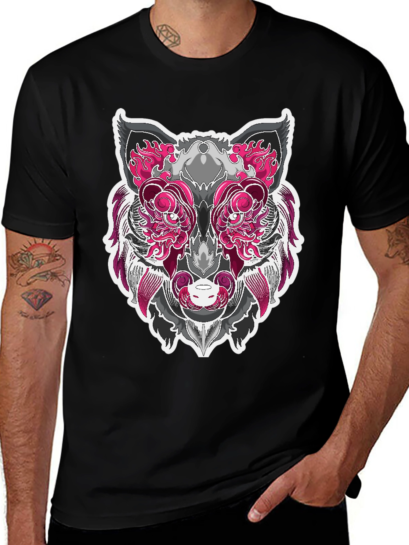 Graphic Wolf Tee - Pink & Gray Animal Print
