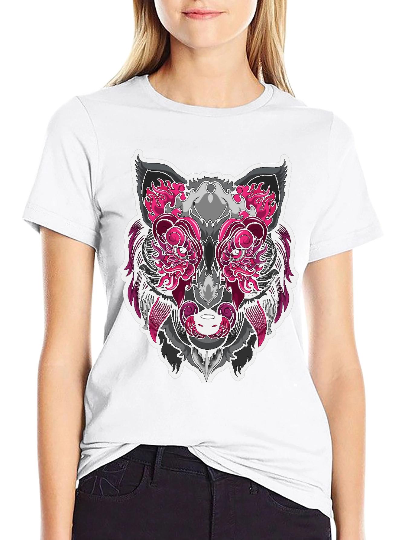 Graphic Wolf Tee - Pink & Gray Animal Print