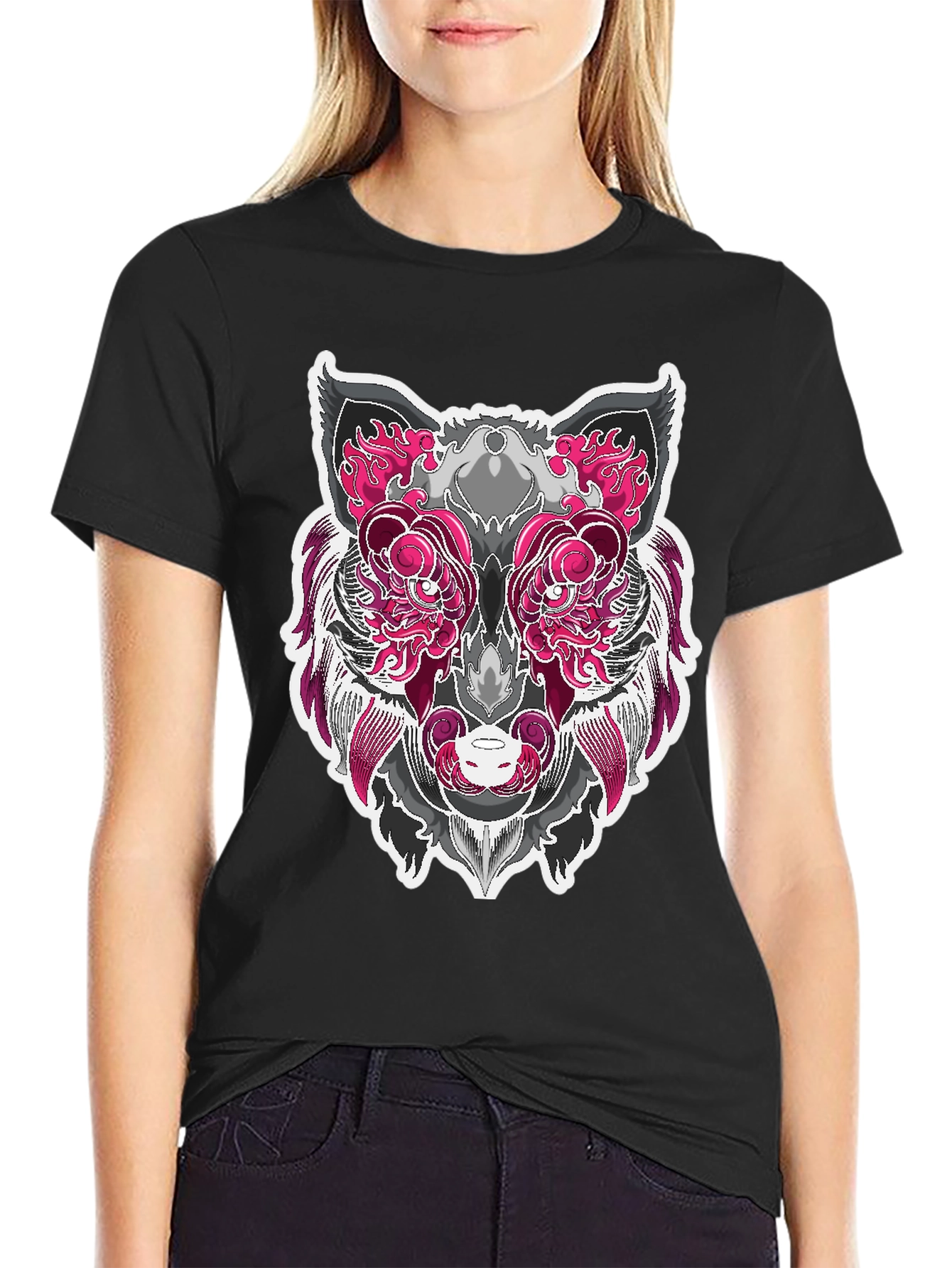Graphic Wolf Tee - Pink & Gray Animal Print
