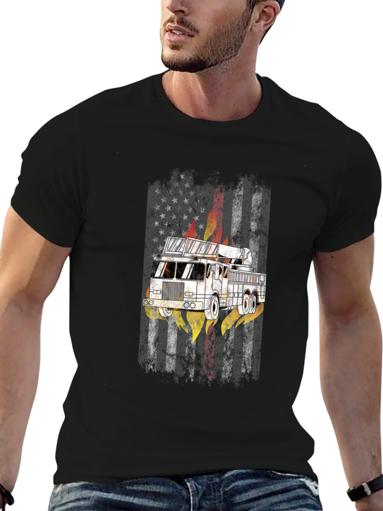 Firefighter American Flag Truck T-Shirt