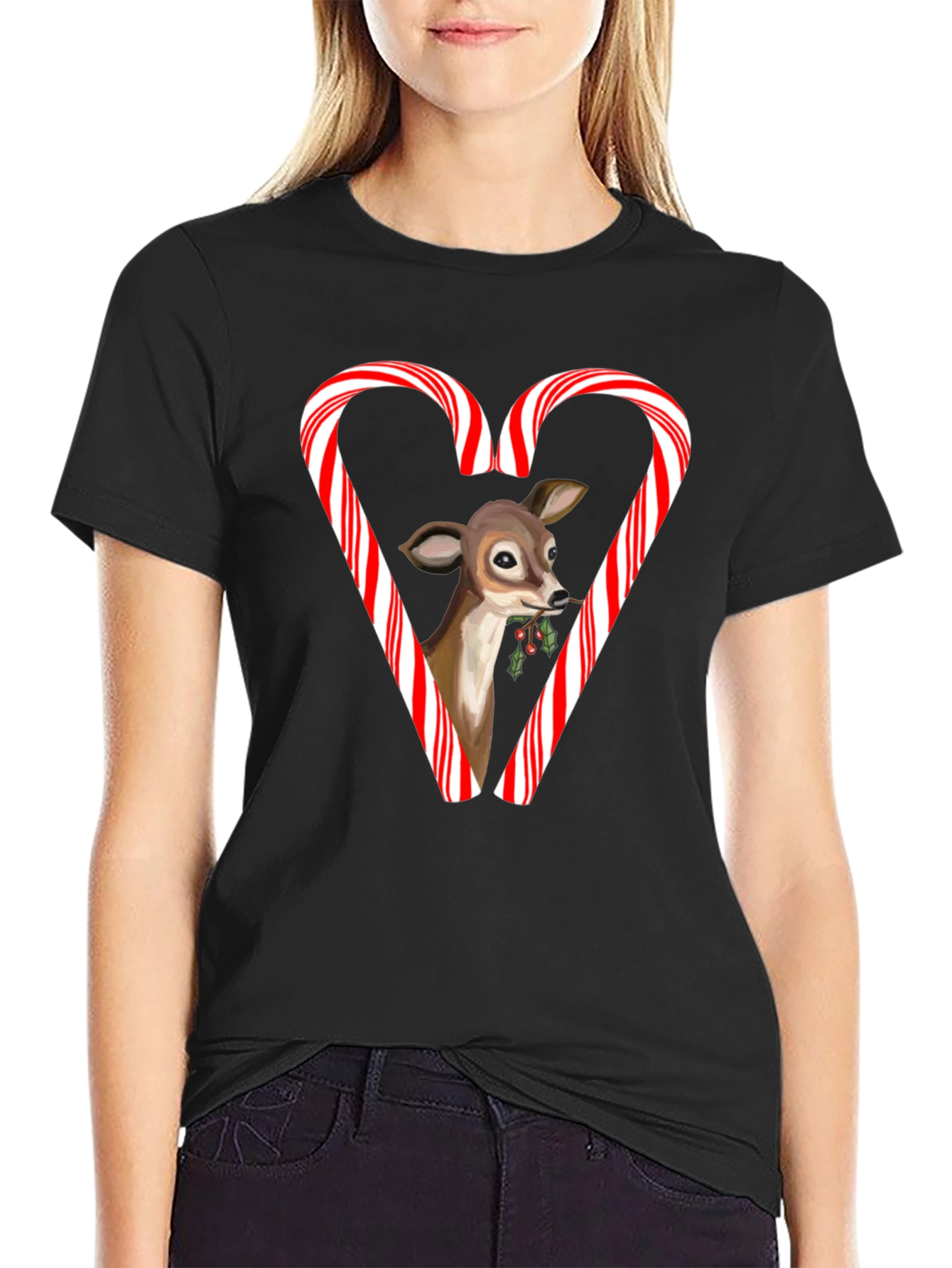 Holiday Deer Candy Cane Heart T-Shirt