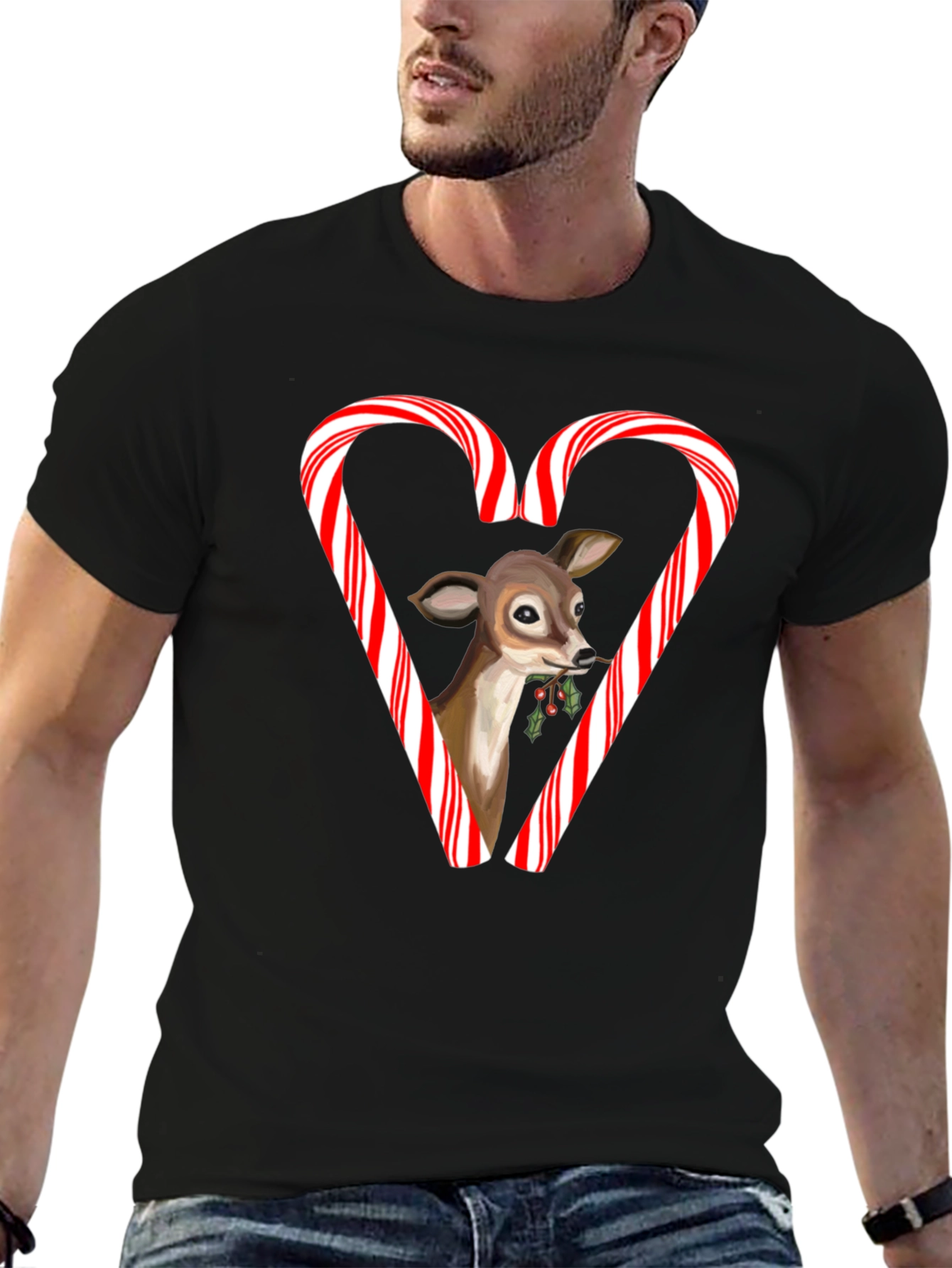 Holiday Deer Candy Cane Heart T-Shirt