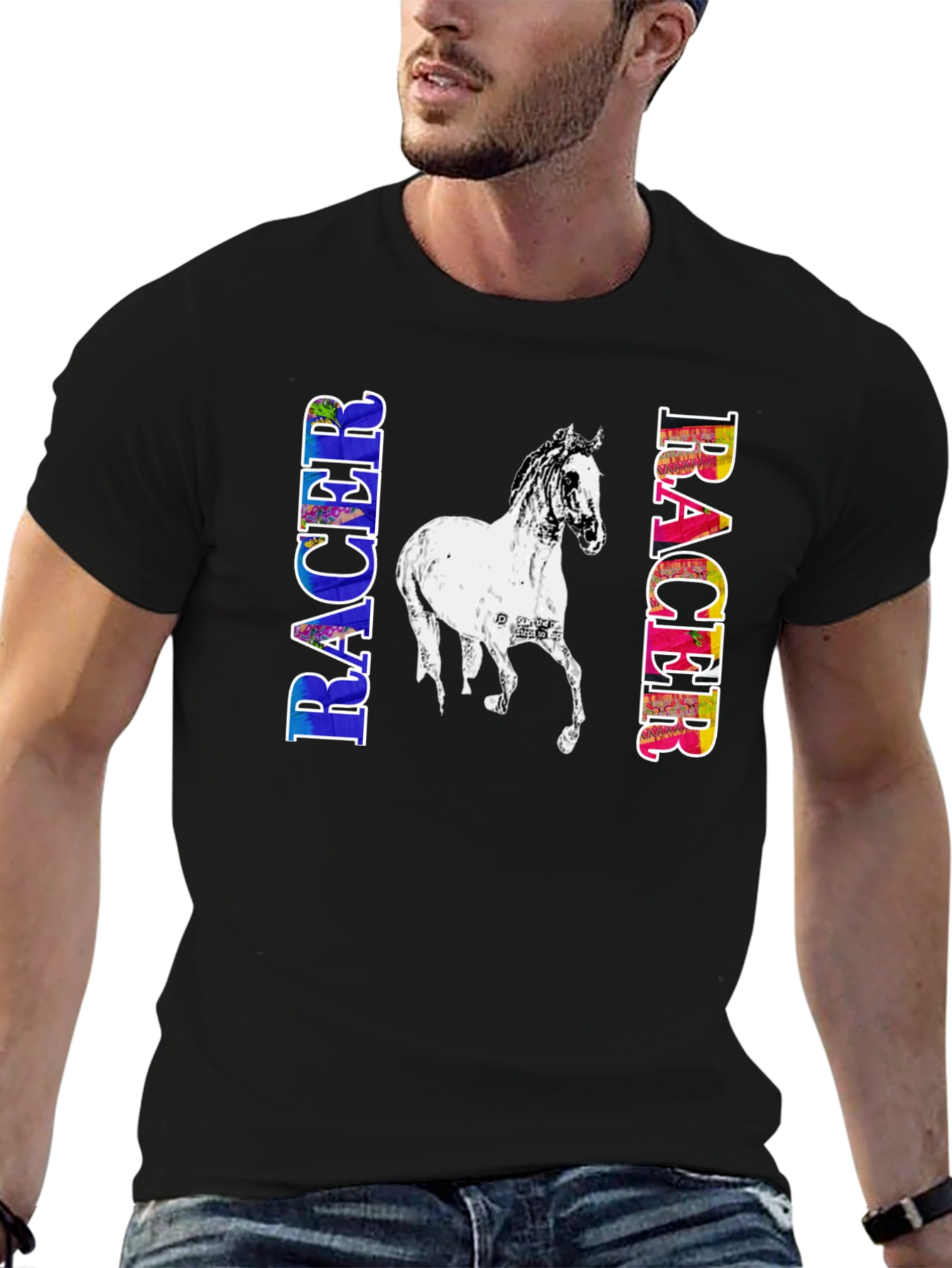 Racer Horse Graphic Tee | Black Cotton T-Shirt