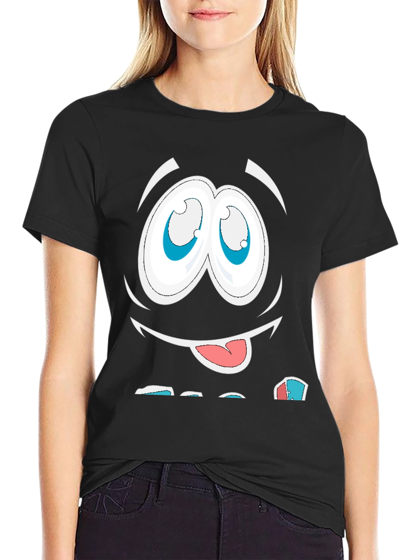 Funny Cartoon Face Graphic Black T-Shirt