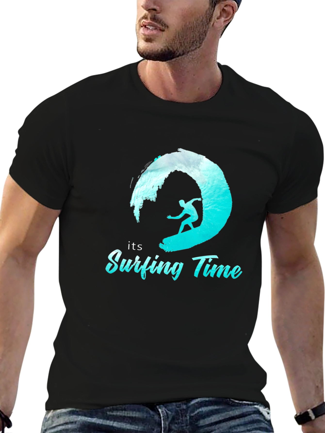 Surfing Time Tee: Black Cotton Surfer T-Shirt