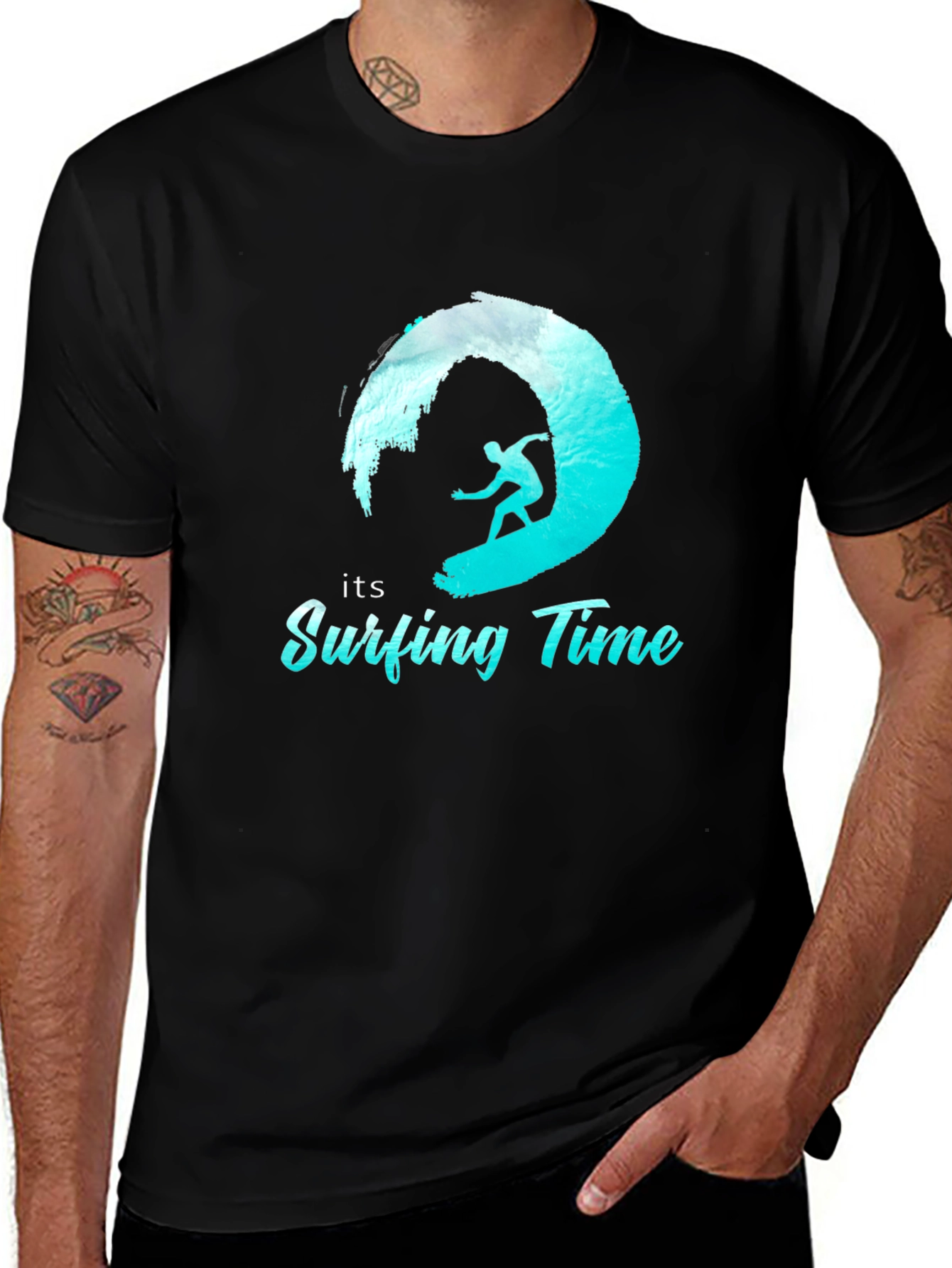 Surfing Time Tee: Black Cotton Surfer T-Shirt