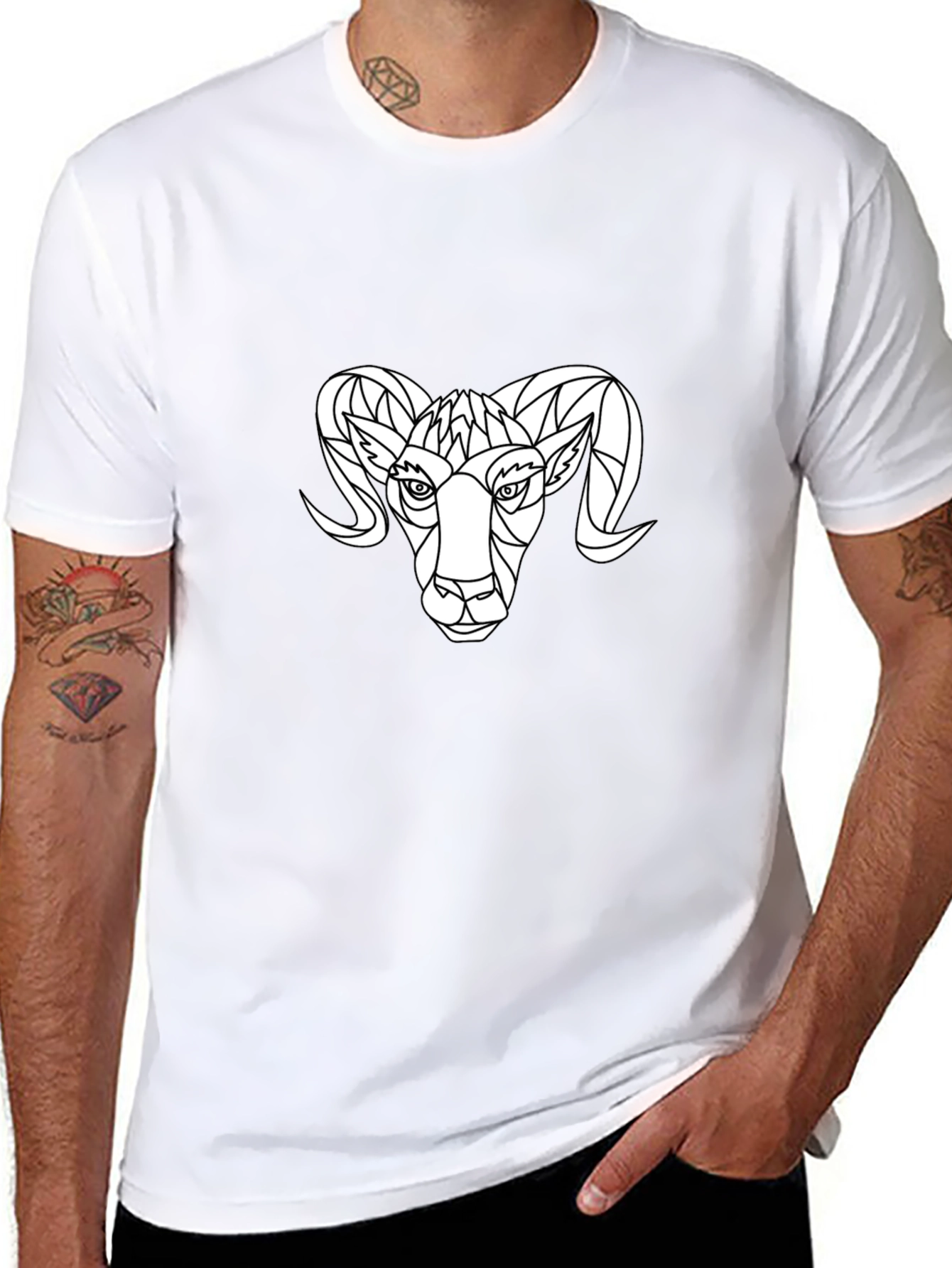 Geometric Ram Graphic Tee - Black Cotton