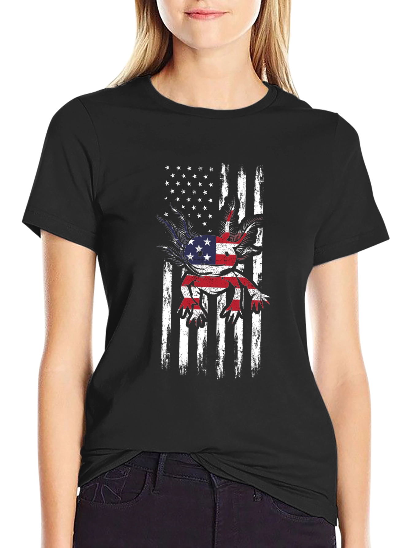 Patriotic Axolotl Graphic Tee - USA Flag Shirt