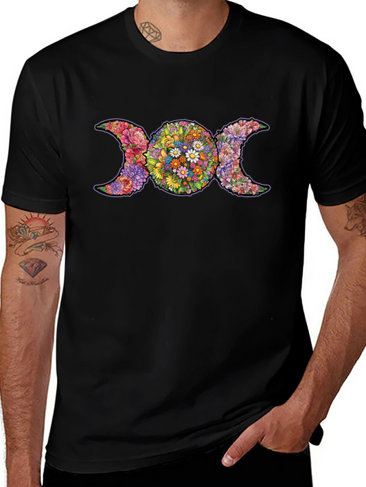 Floral Triple Moon Goddess T-Shirt - Black