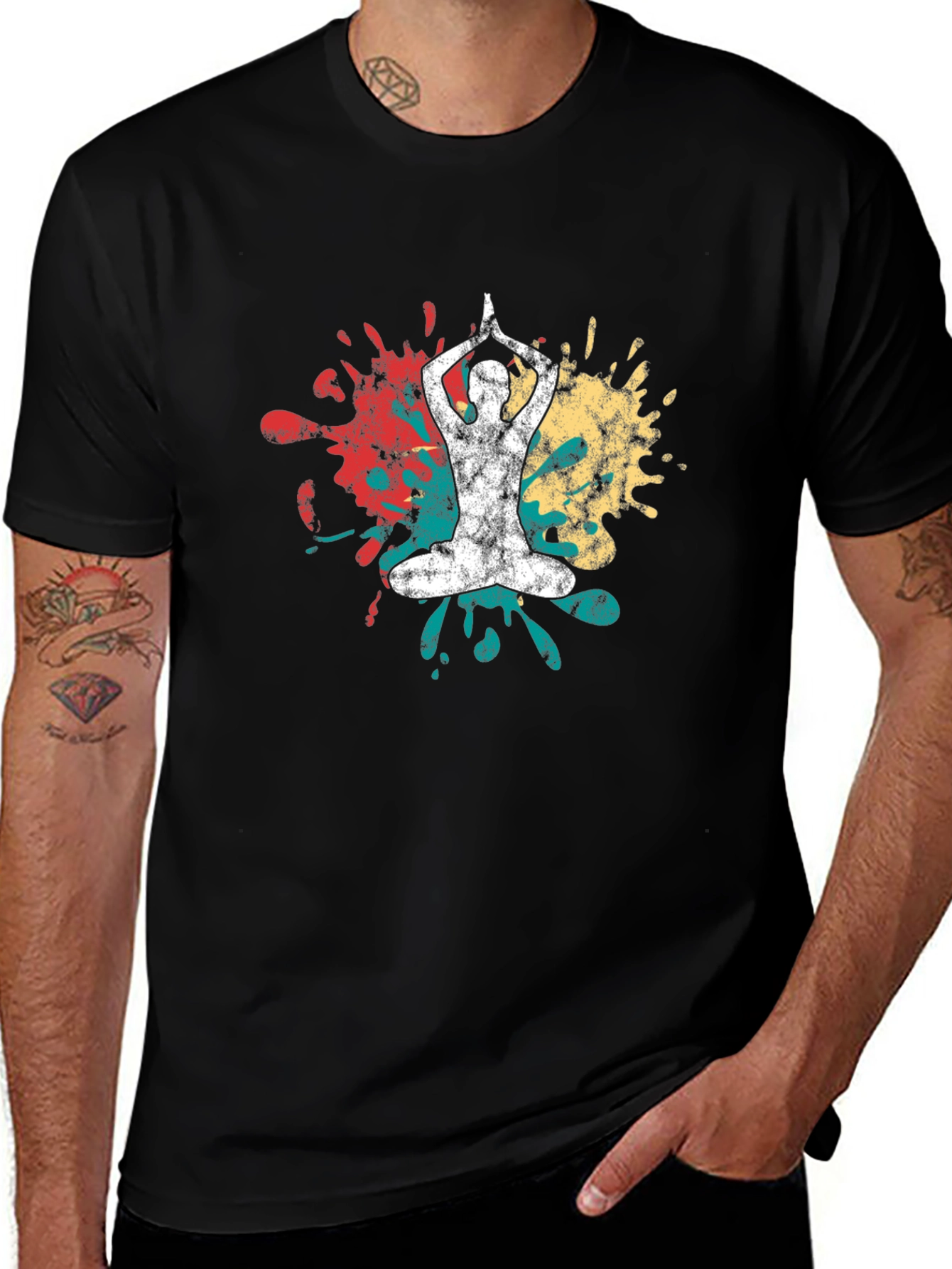 Yoga Pose Splatter Graphic Black T-Shirt