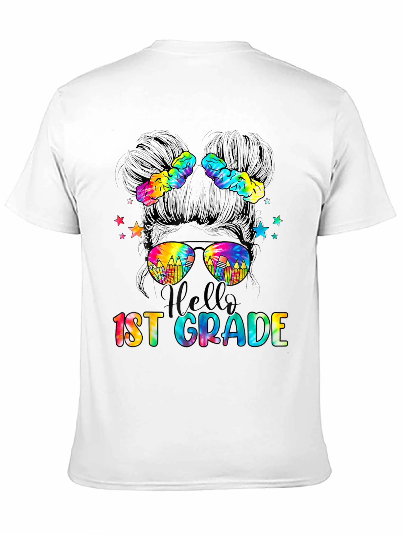 Hello 1st Grade Tie-Dye Messy Bun Teacher Shirt