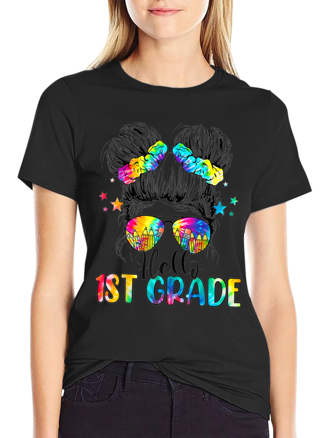 Hello 1st Grade Tie-Dye Messy Bun Teacher Shirt