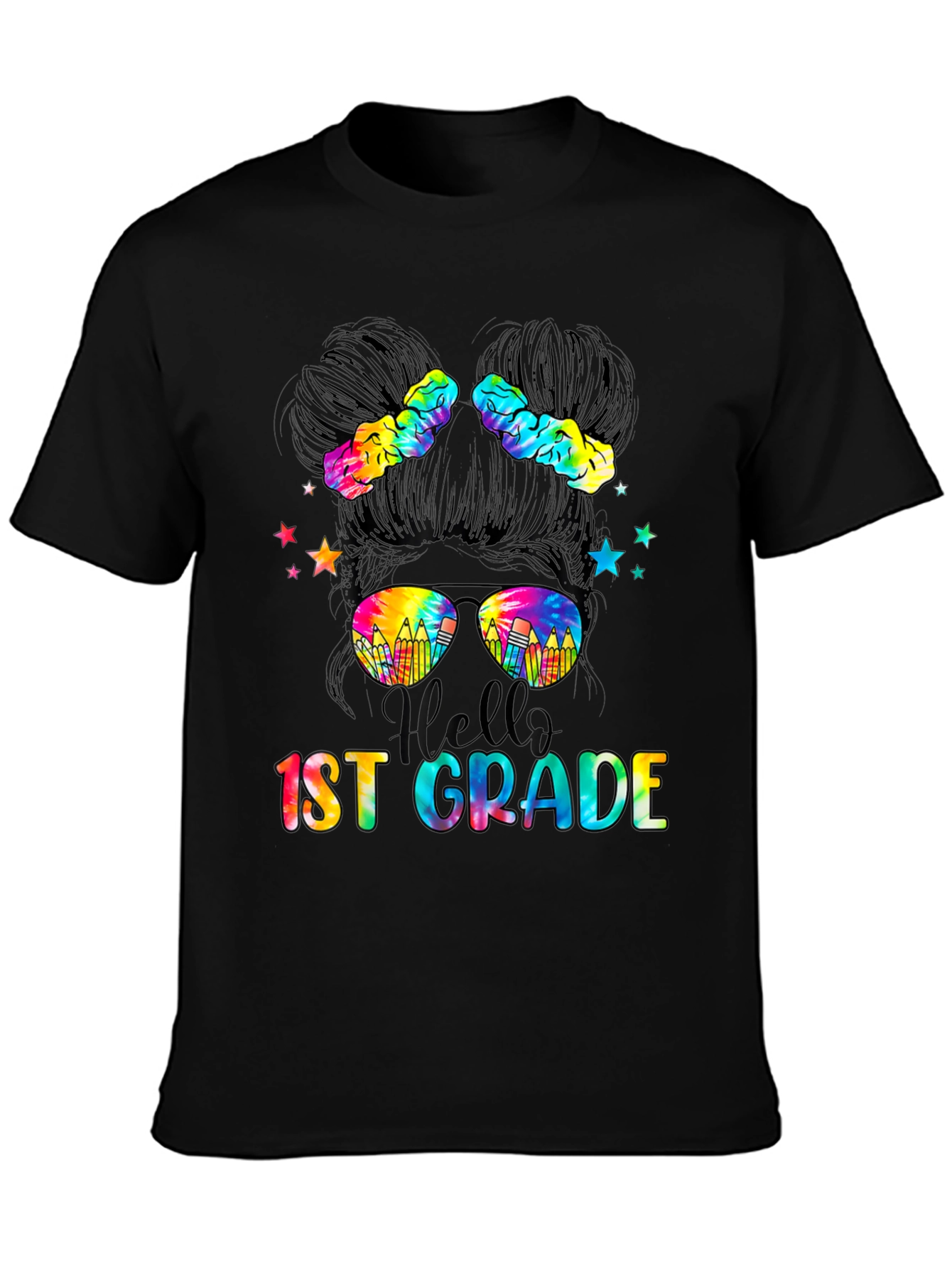 Hello 1st Grade Tie-Dye Messy Bun Teacher Shirt