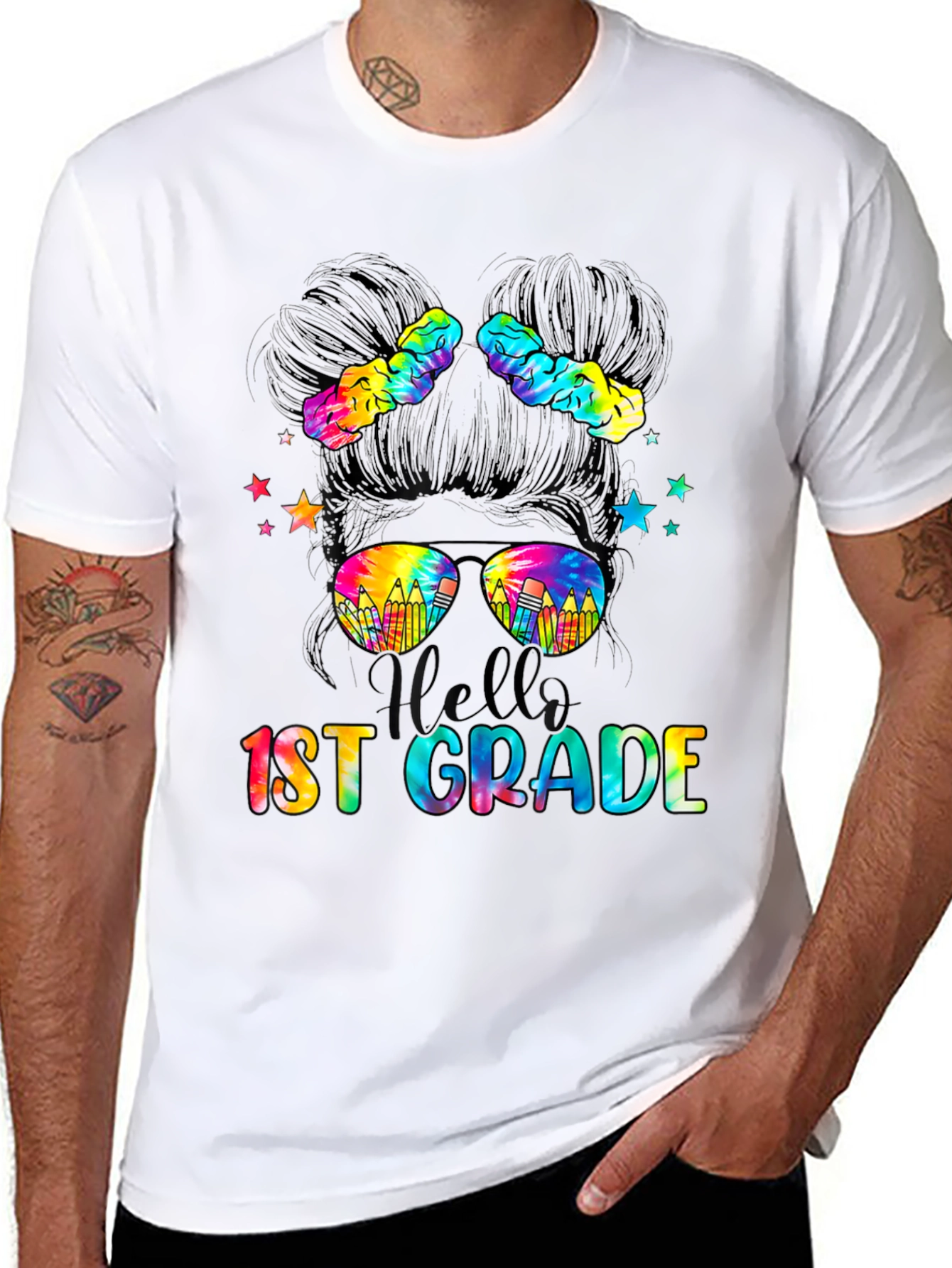 Hello 1st Grade Tie-Dye Messy Bun Teacher Shirt