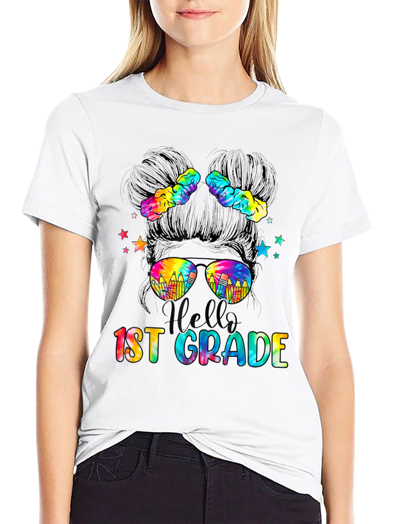 Hello 1st Grade Tie-Dye Messy Bun Teacher Shirt