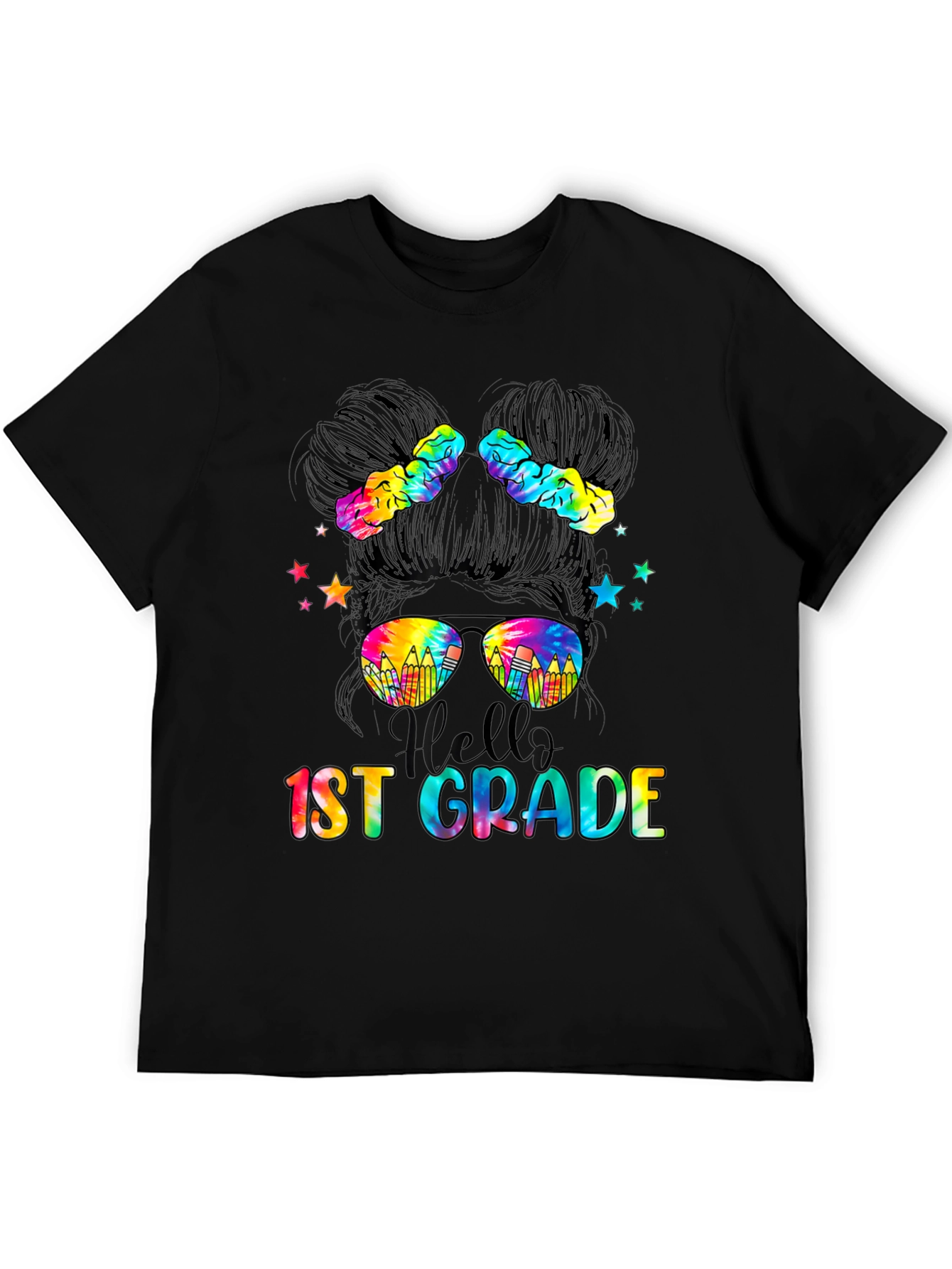 Hello 1st Grade Tie-Dye Messy Bun Teacher Shirt