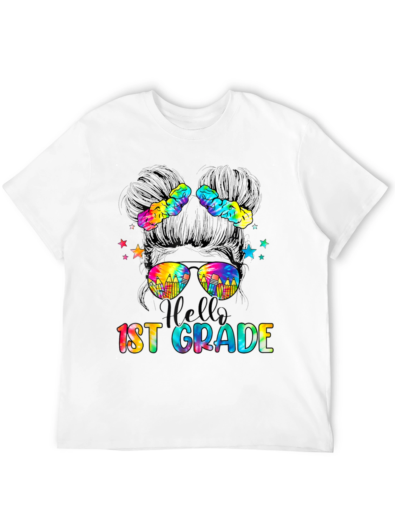 Hello 1st Grade Tie-Dye Messy Bun Teacher Shirt