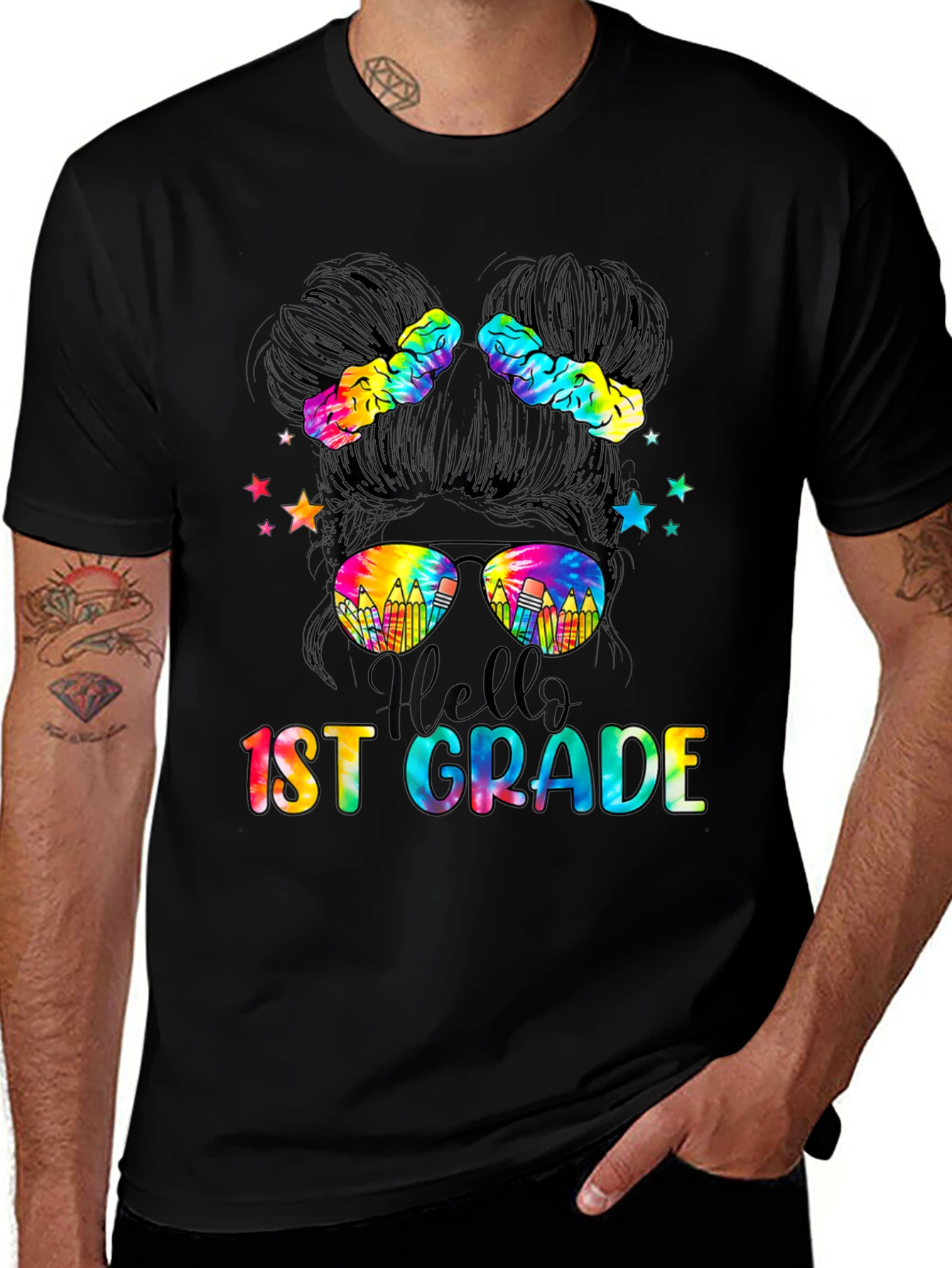 Hello 1st Grade Tie-Dye Messy Bun Teacher Shirt