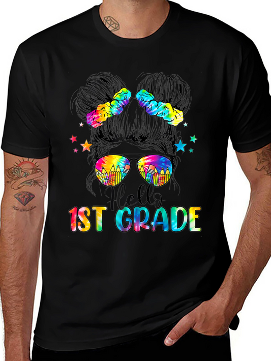 Hello 1st Grade Tie-Dye Messy Bun Teacher Shirt