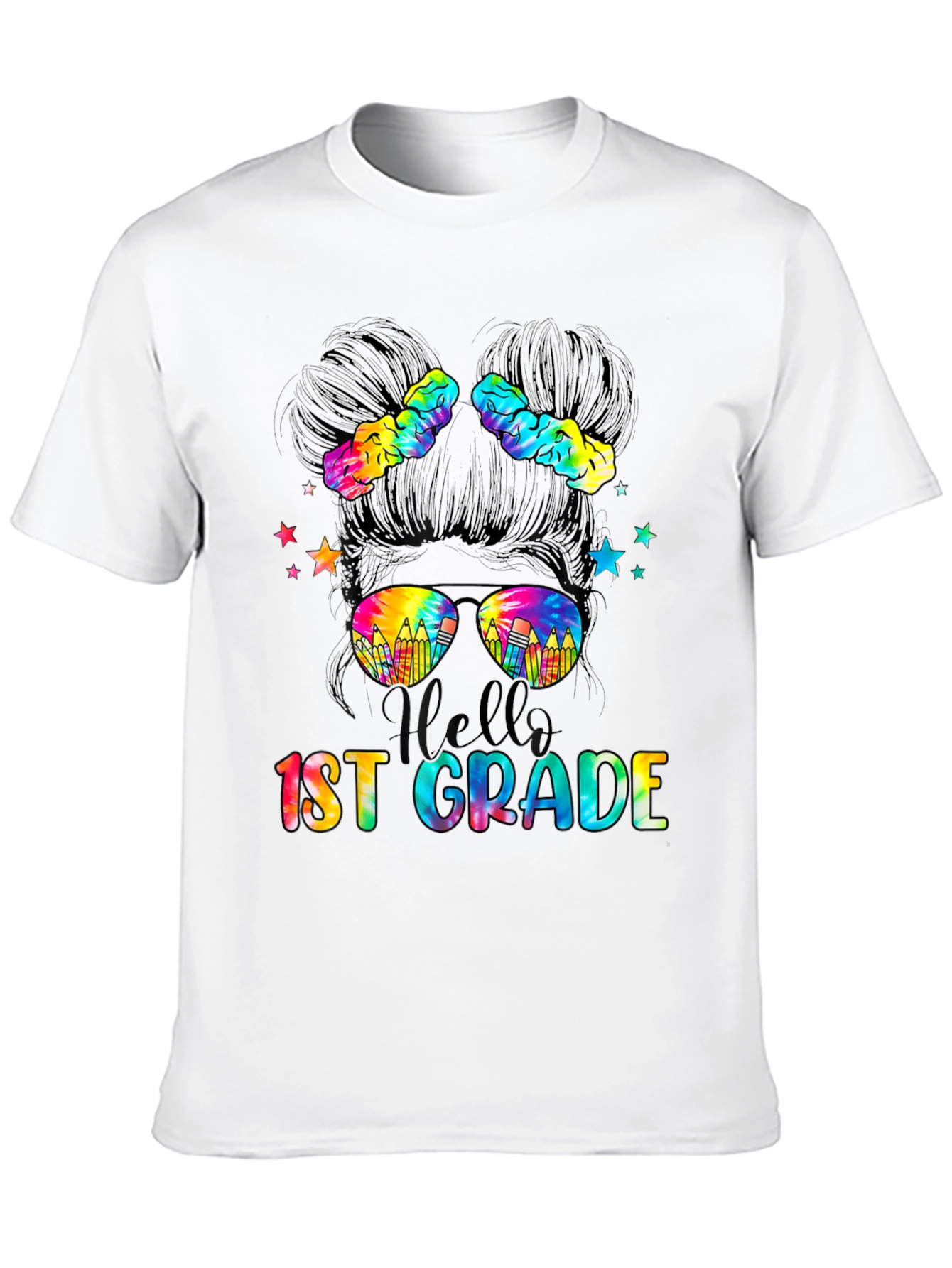 Hello 1st Grade Tie-Dye Messy Bun Teacher Shirt