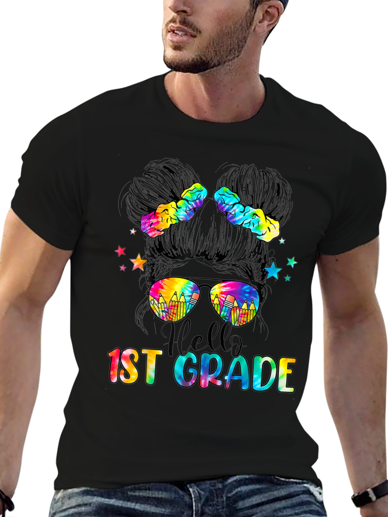 Hello 1st Grade Tie-Dye Messy Bun Teacher Shirt