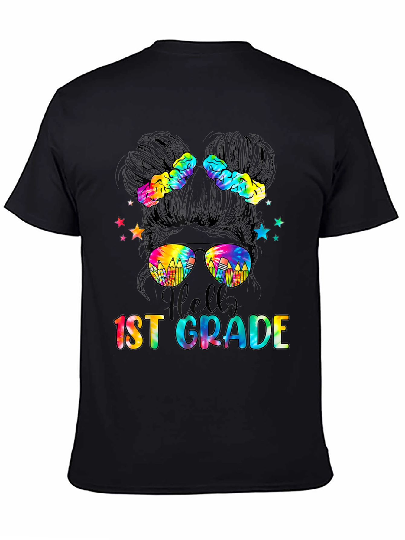 Hello 1st Grade Tie-Dye Messy Bun Teacher Shirt