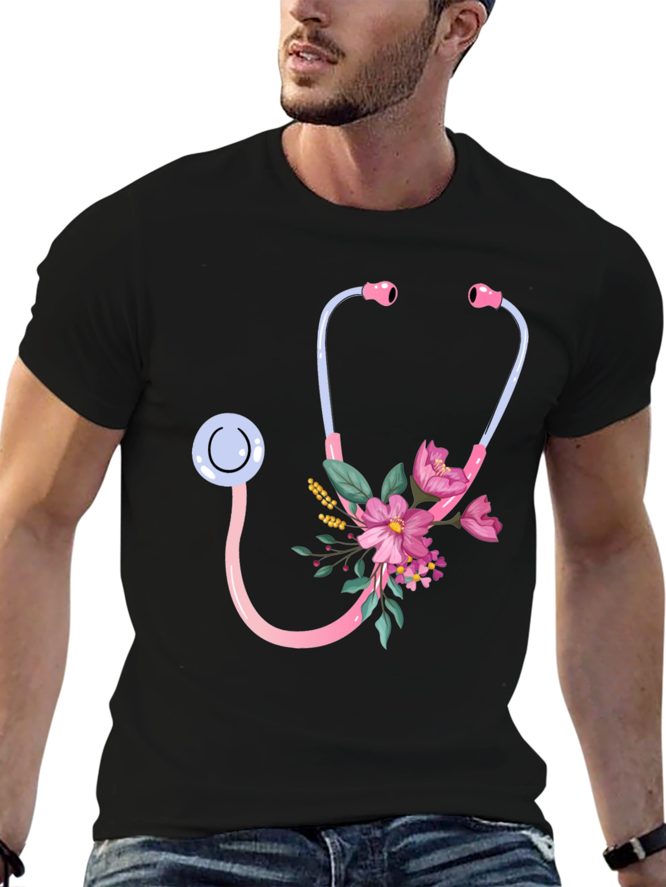 Floral Stethoscope Graphic Tee - Medical Professional Gift