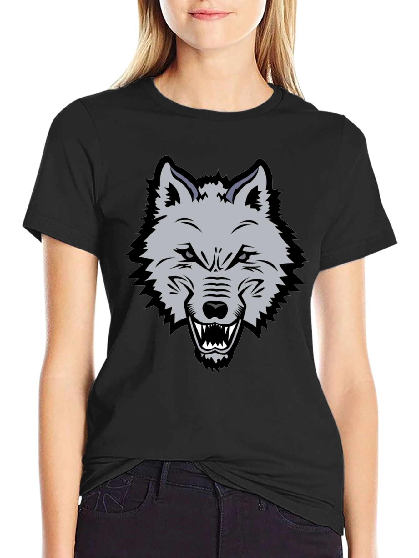 Mens Black T-Shirt with Wolf Graphic