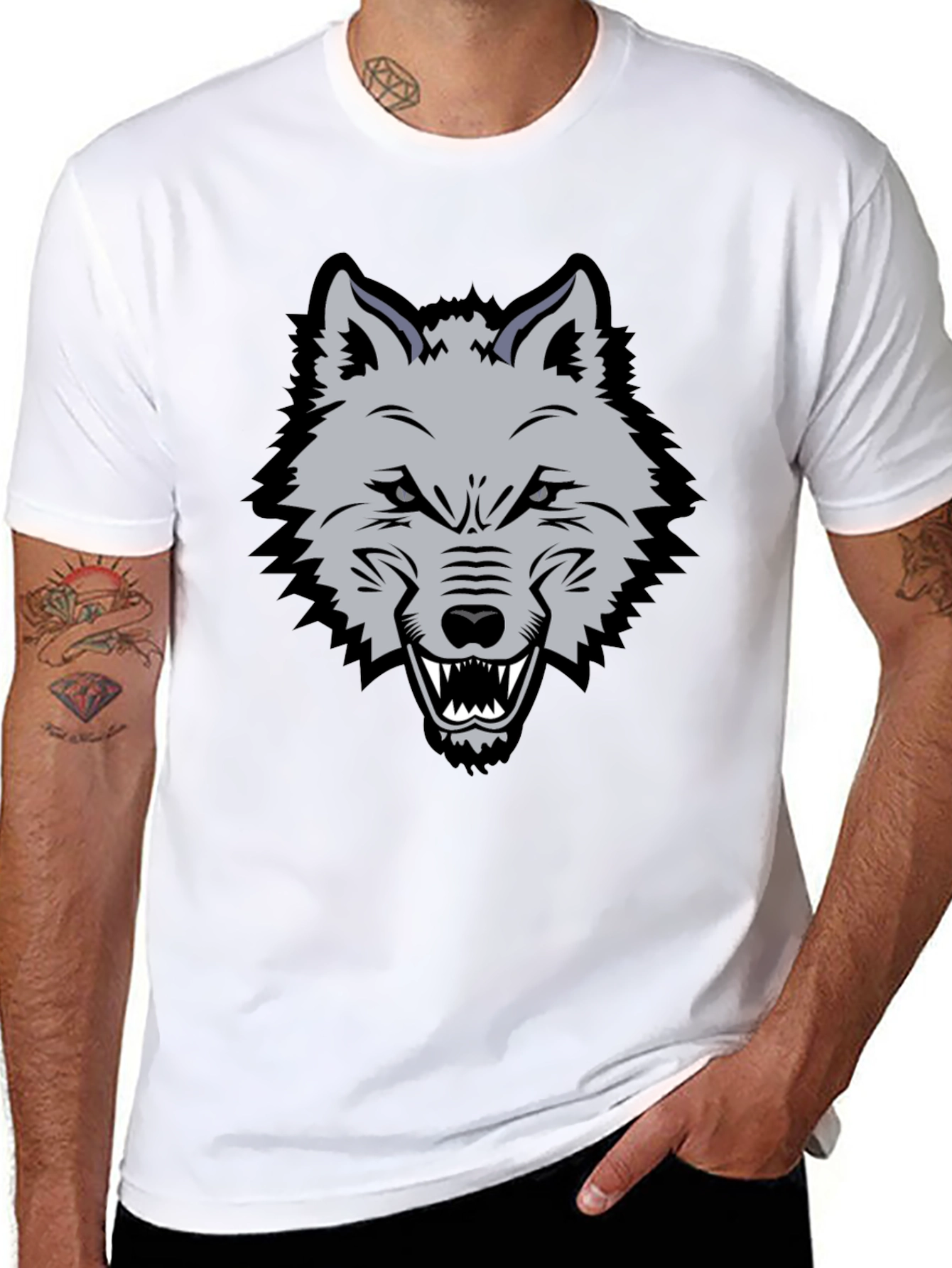 Mens Black T-Shirt with Wolf Graphic