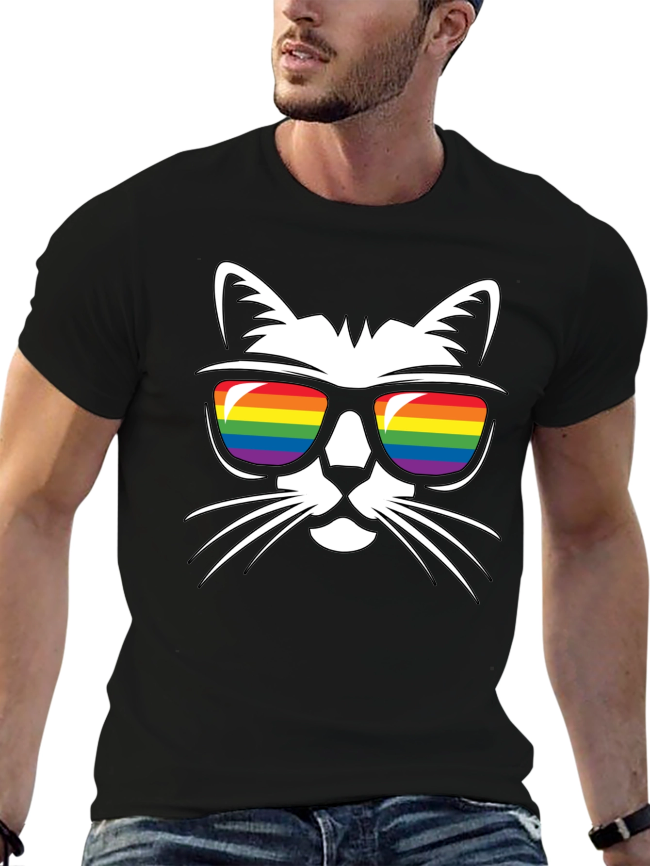 Cool Cat Rainbow Sunglasses Black T-Shirt
