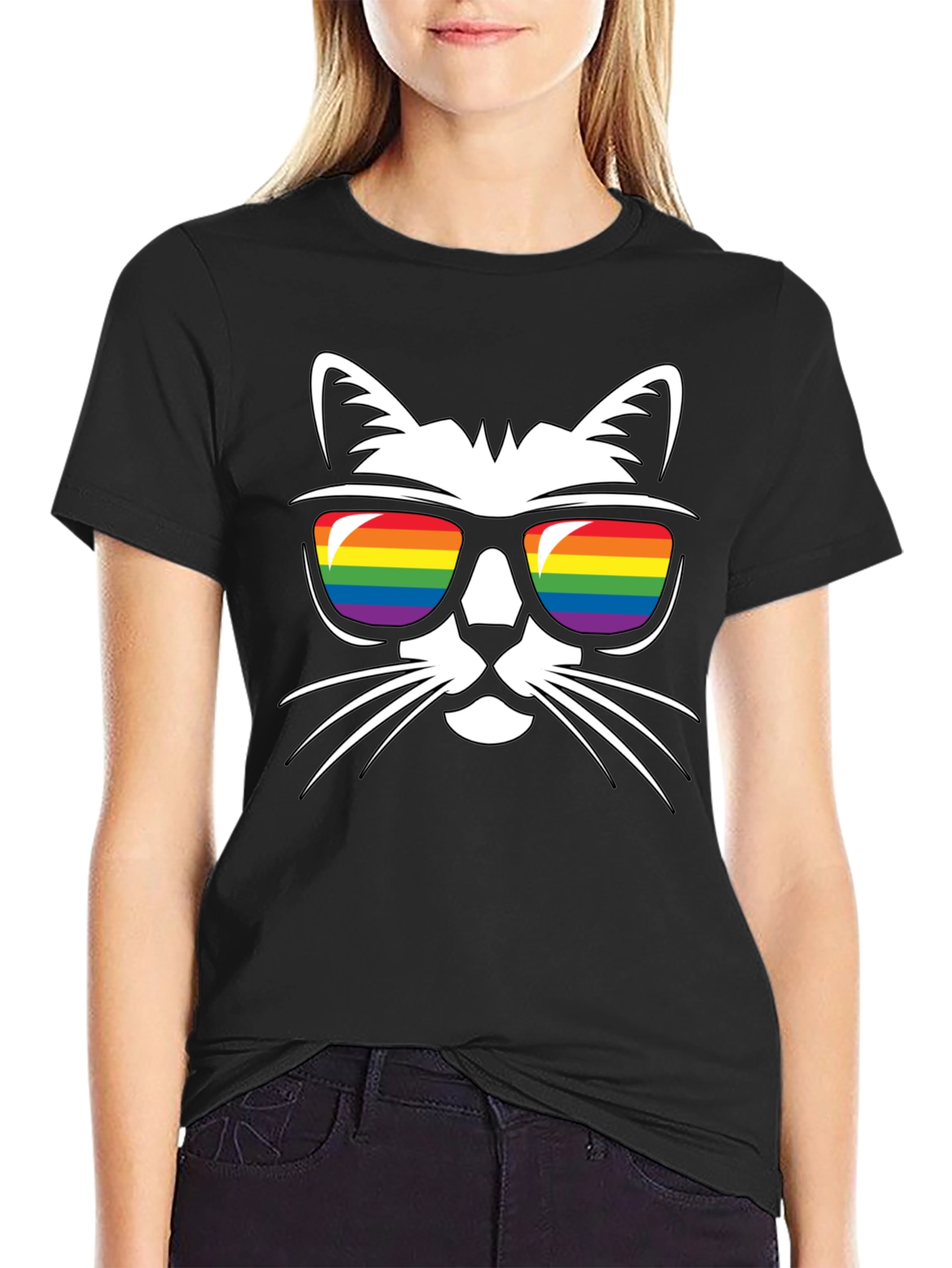 Cool Cat Rainbow Sunglasses Black T-Shirt