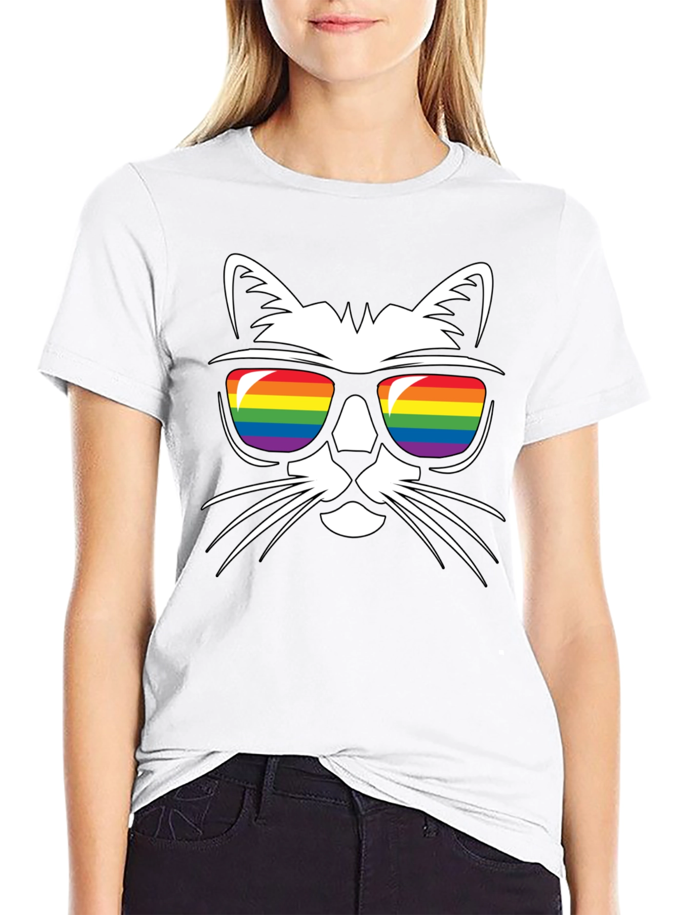 Cool Cat Rainbow Sunglasses Black T-Shirt