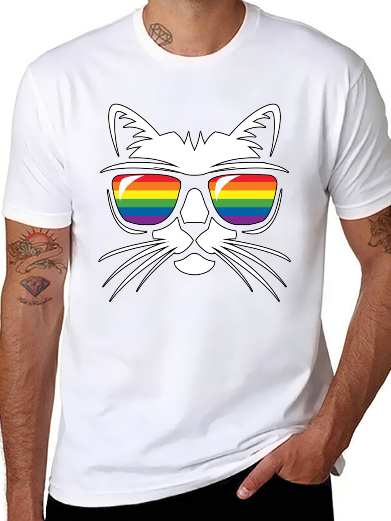 Cool Cat Rainbow Sunglasses Black T-Shirt