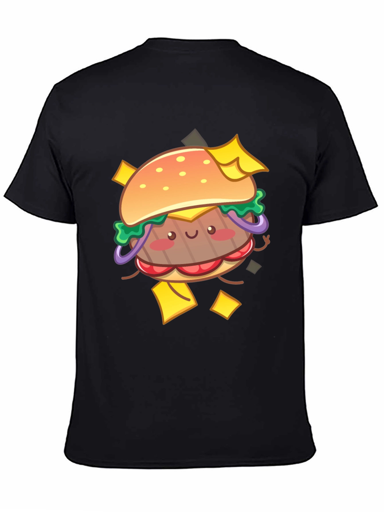 Kawaii Burger Graphic Tee - Black Cotton T-Shirt