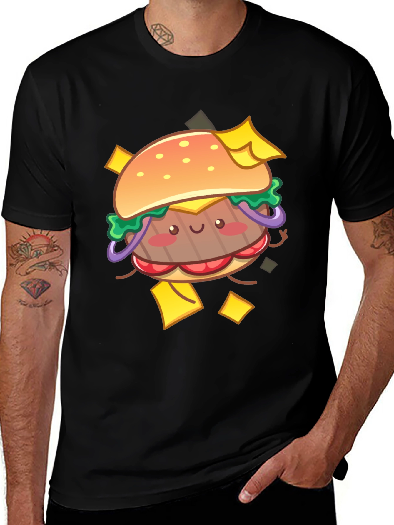 Kawaii Burger Graphic Tee - Black Cotton T-Shirt
