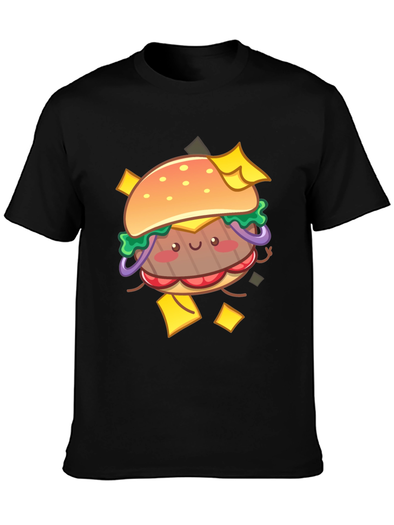 Kawaii Burger Graphic Tee - Black Cotton T-Shirt