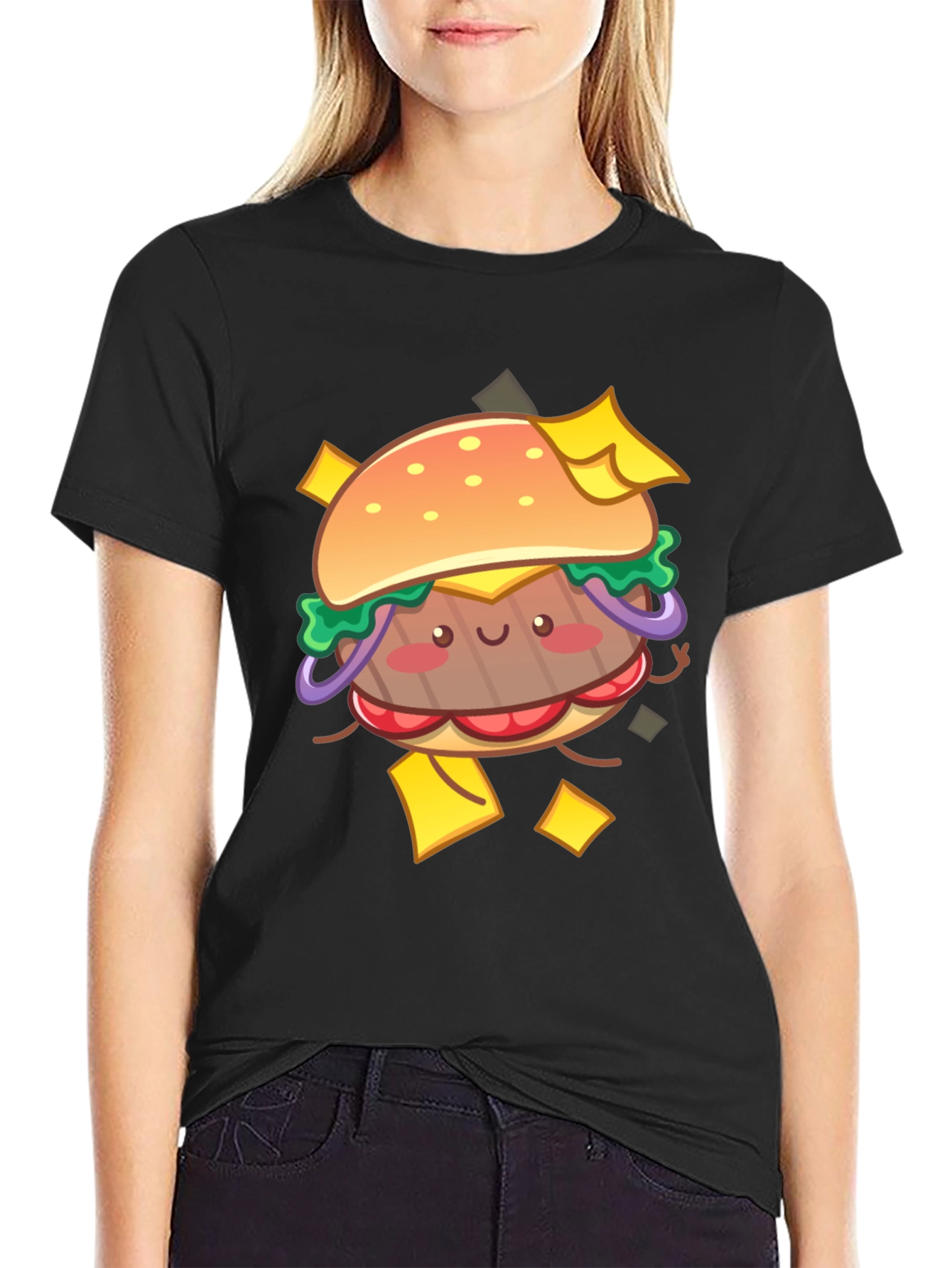 Kawaii Burger Graphic Tee - Black Cotton T-Shirt