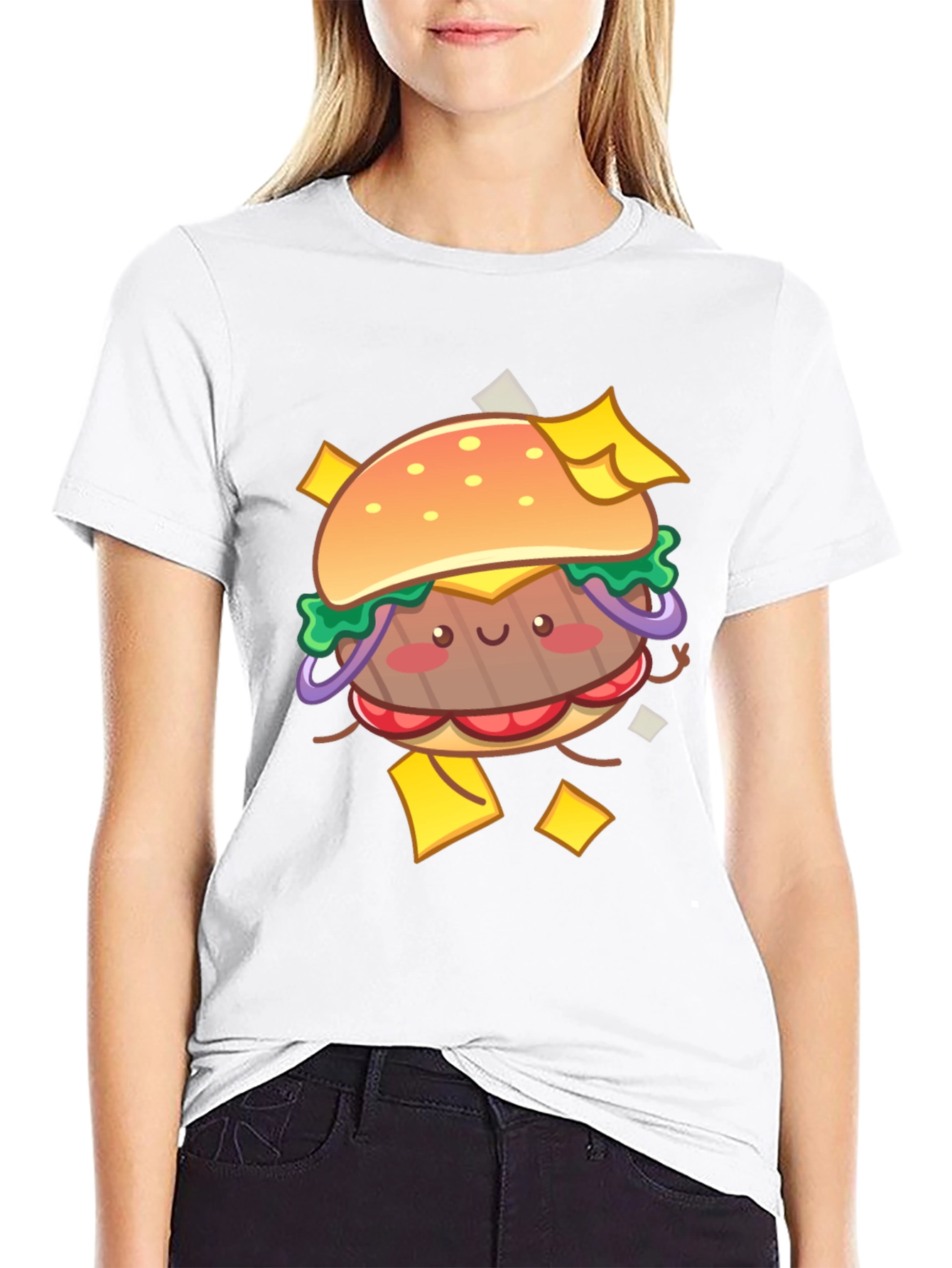 Kawaii Burger Graphic Tee - Black Cotton T-Shirt