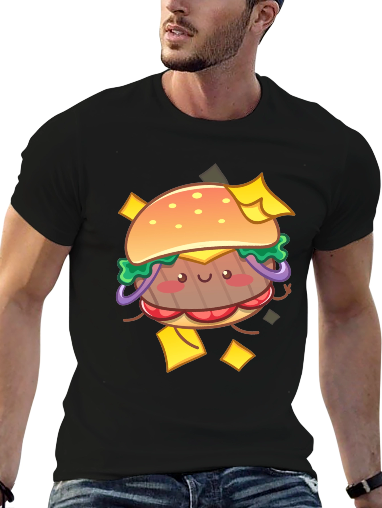 Kawaii Burger Graphic Tee - Black Cotton T-Shirt