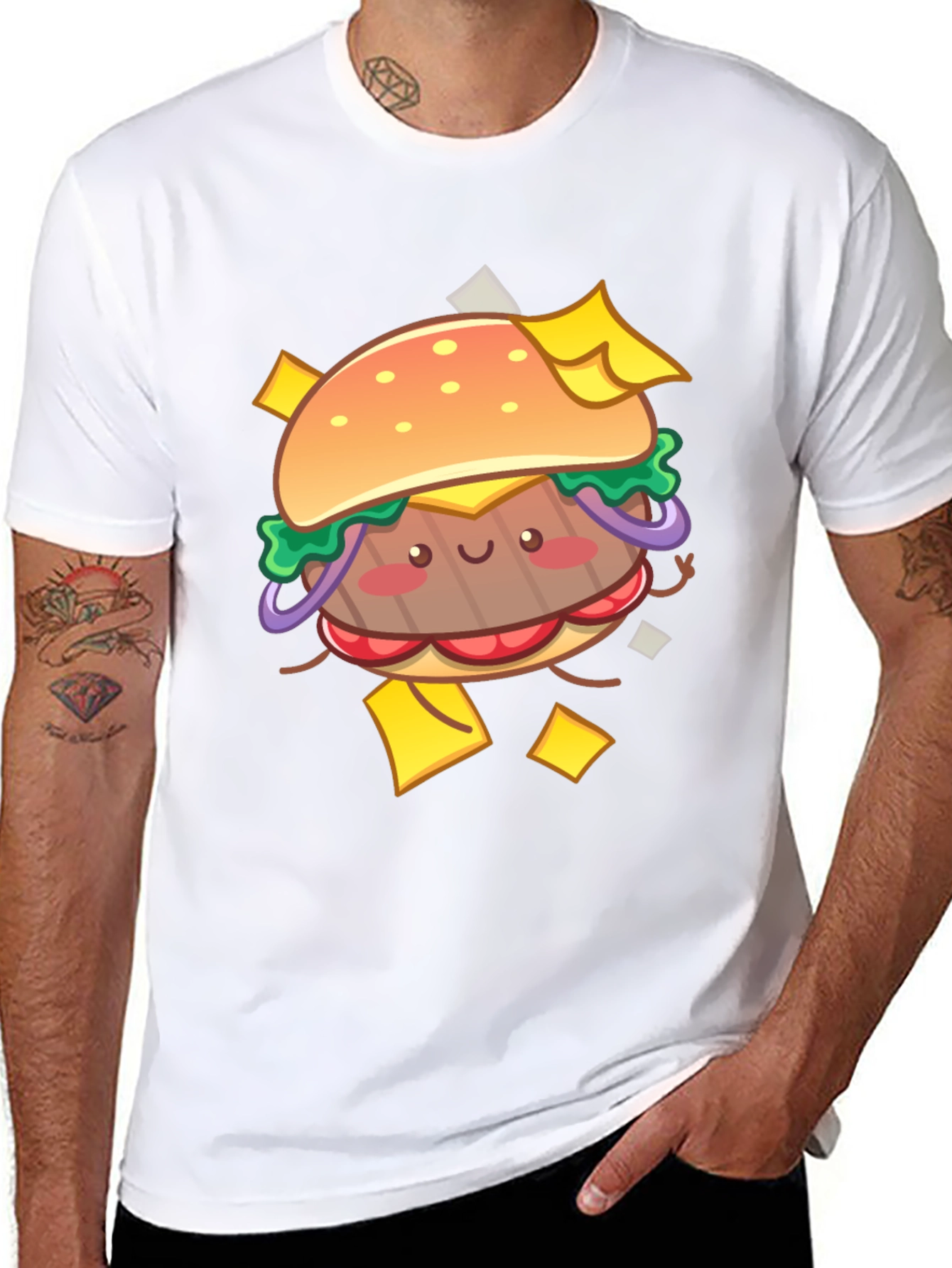 Kawaii Burger Graphic Tee - Black Cotton T-Shirt
