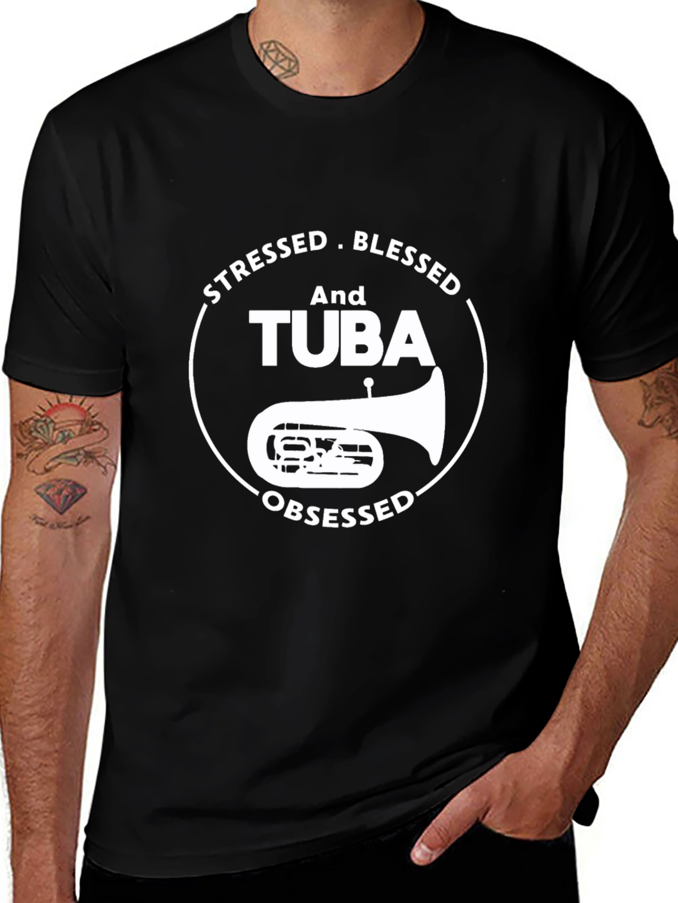 Stressed Blessed Tuba Obsessed Black T-Shirt