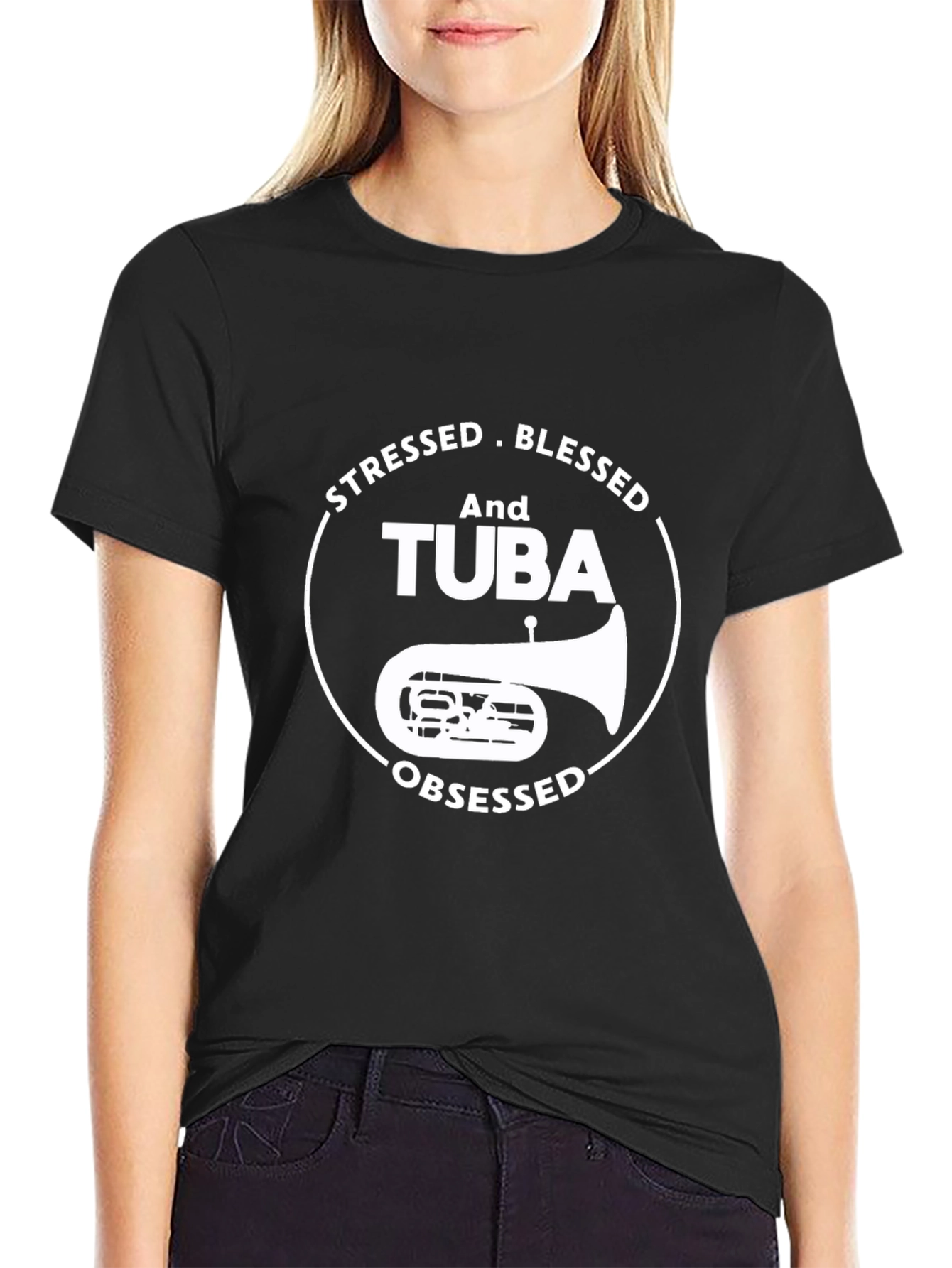 Stressed Blessed Tuba Obsessed Black T-Shirt