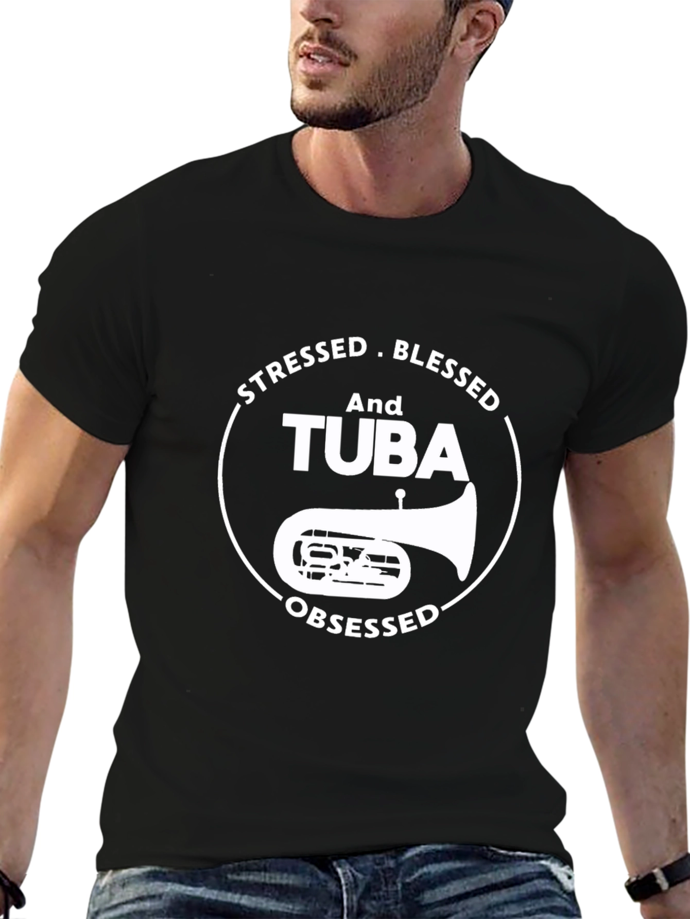 Stressed Blessed Tuba Obsessed Black T-Shirt