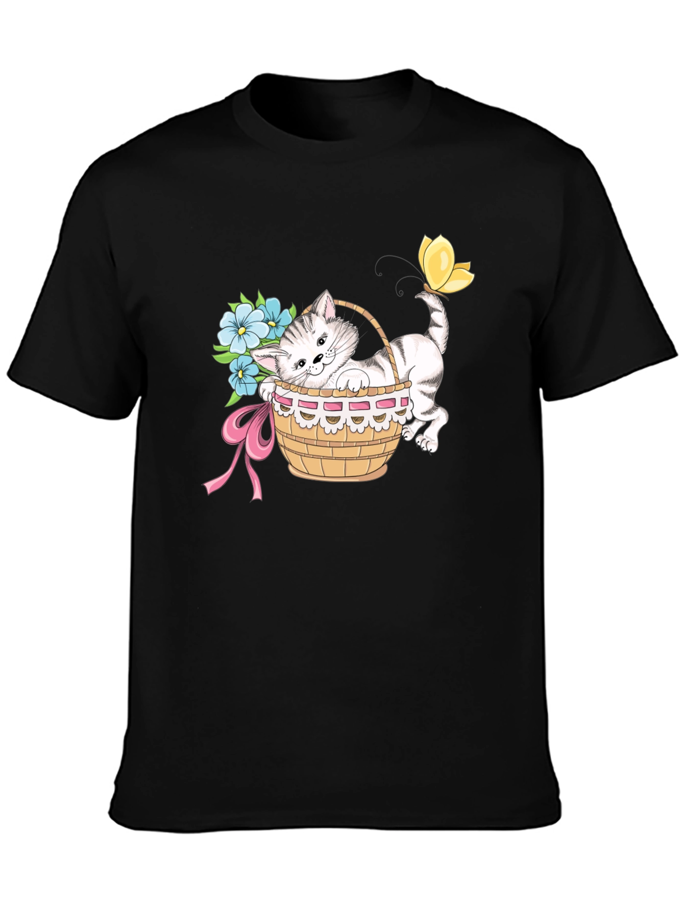 Cute Kitten in Basket T-Shirt - Unisex Black Tee